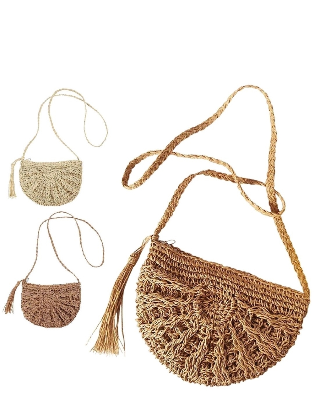 Handwoven Raffia Half-Moon Crossbody Bag - Tan